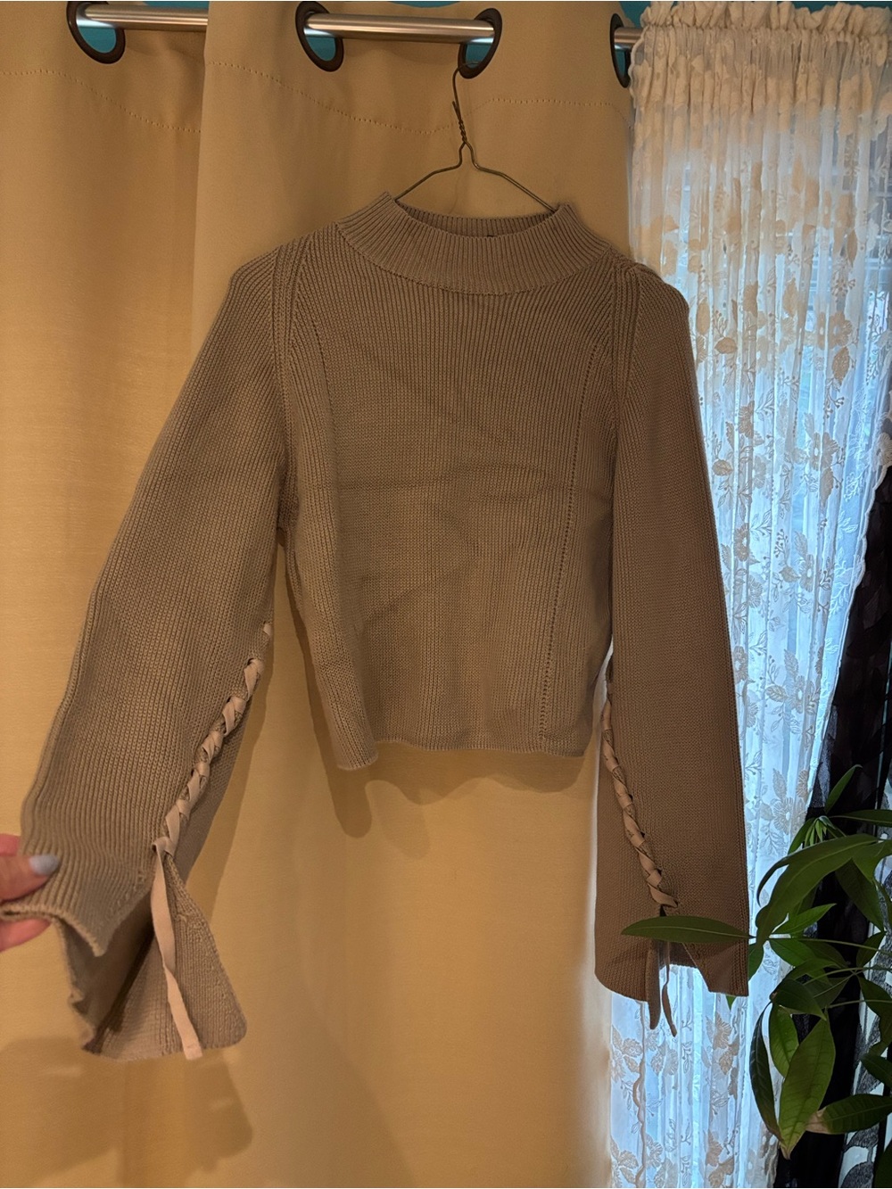Topshop Khaki Lace-Up Sleeve Turtleneck Sweater
